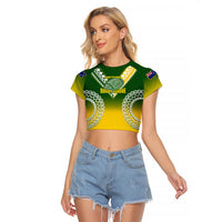 Personalised Cook Islands Rugby Raglan Cropped T Shirt Pacific Go The Kukis Gradient Style LT14 Female Green - Polynesian Pride
