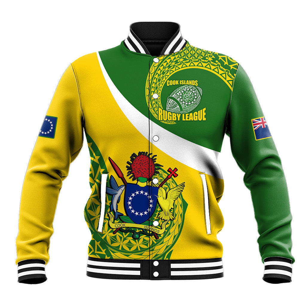 Personalised Cook Islands Rugby Baseball Jacket Pacific Go The Kukis Sporty Style LT14 Unisex Green - Polynesian Pride
