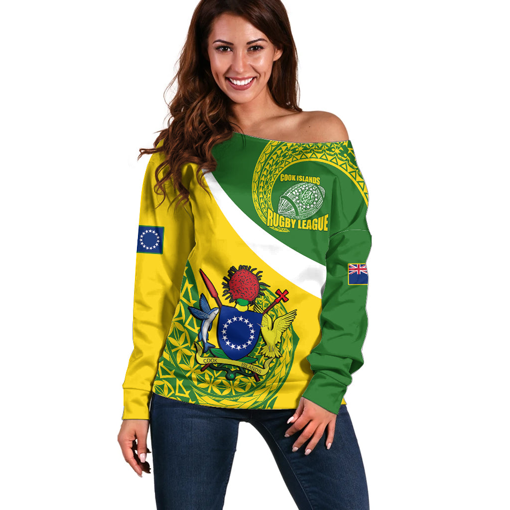 Personalised Cook Islands Rugby Off Shoulder Sweater Pacific Go The Kukis Sporty Style LT14 Women Green - Polynesian Pride