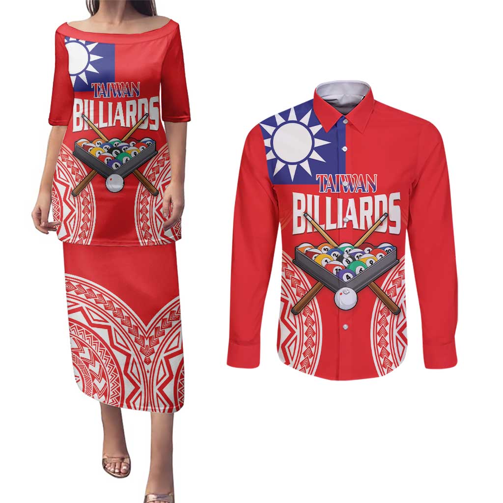 Personalised Taiwan Billiards Couples Matching Puletasi and Long Sleeve Button Shirt Eight-ball Pool Polynesia Tattoo - Polynesian Pride