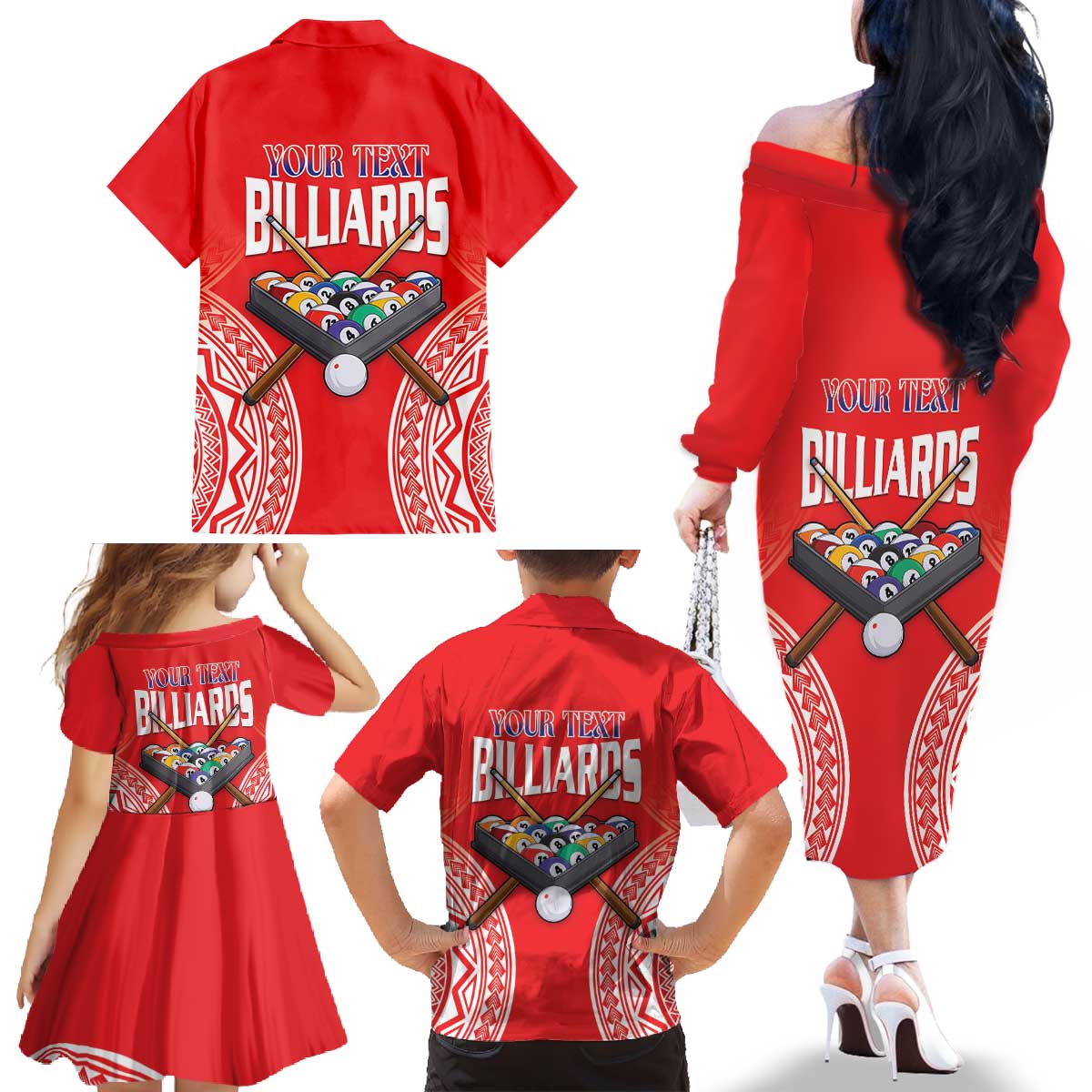 Personalised Taiwan Billiards Family Matching Off The Shoulder Long Sleeve Dress and Hawaiian Shirt Eight-ball Pool Polynesia Tattoo - Polynesian Pride