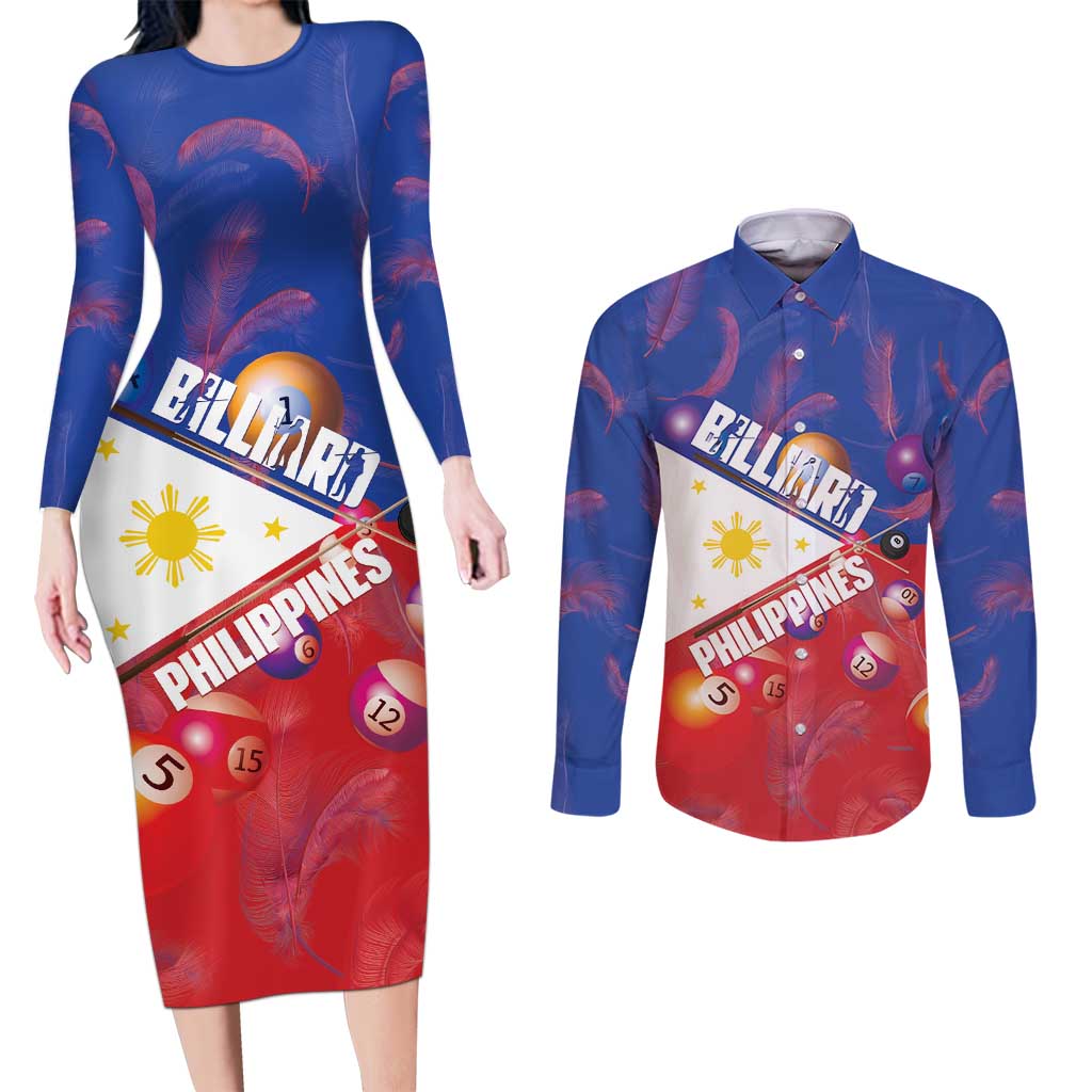 Personalised Philippines Billiards Couples Matching Long Sleeve Bodycon Dress and Long Sleeve Button Shirt Cue With Balls Flag Style LT14 Red - Polynesian Pride
