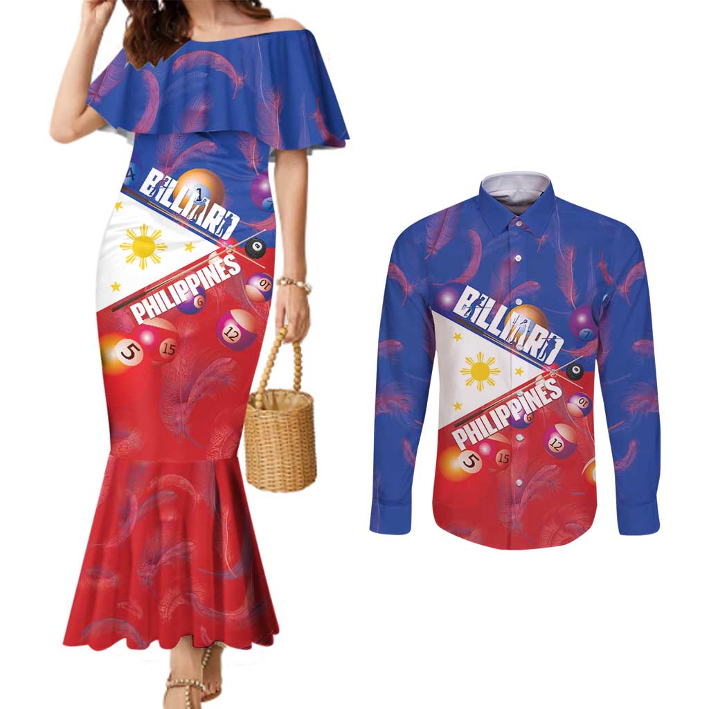 Personalised Philippines Billiards Couples Matching Mermaid Dress and Long Sleeve Button Shirt Cue With Balls Flag Style LT14 Red - Polynesian Pride