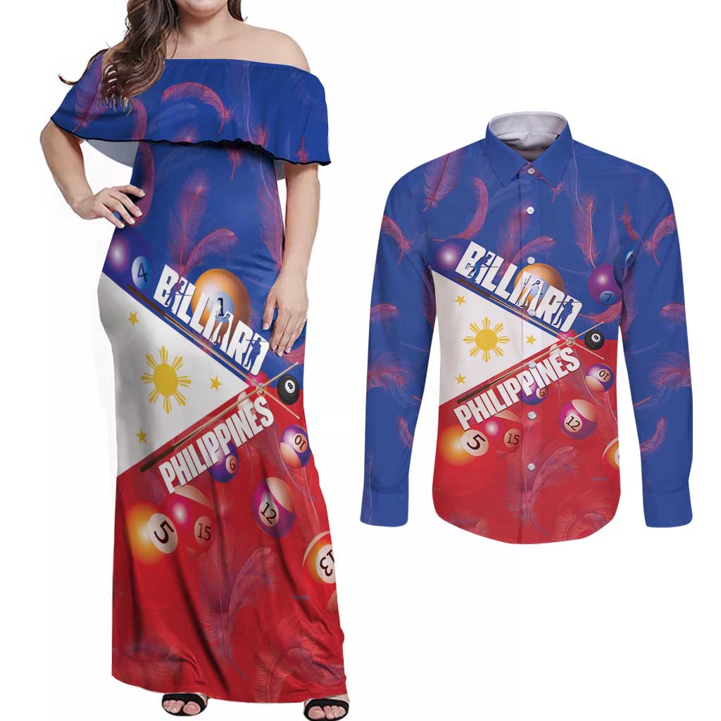 Personalised Philippines Billiards Couples Matching Off Shoulder Maxi Dress and Long Sleeve Button Shirt Cue With Balls Flag Style LT14 Red - Polynesian Pride