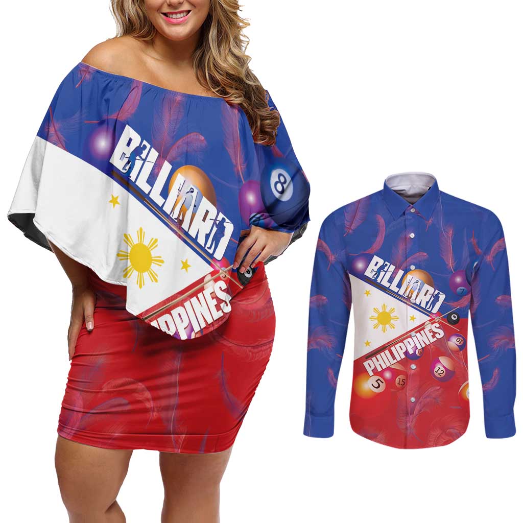 Personalised Philippines Billiards Couples Matching Off Shoulder Short Dress and Long Sleeve Button Shirt Cue With Balls Flag Style LT14 Red - Polynesian Pride