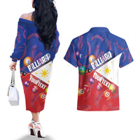 Personalised Philippines Billiards Couples Matching Off The Shoulder Long Sleeve Dress and Hawaiian Shirt Cue With Balls Flag Style - Polynesian Pride