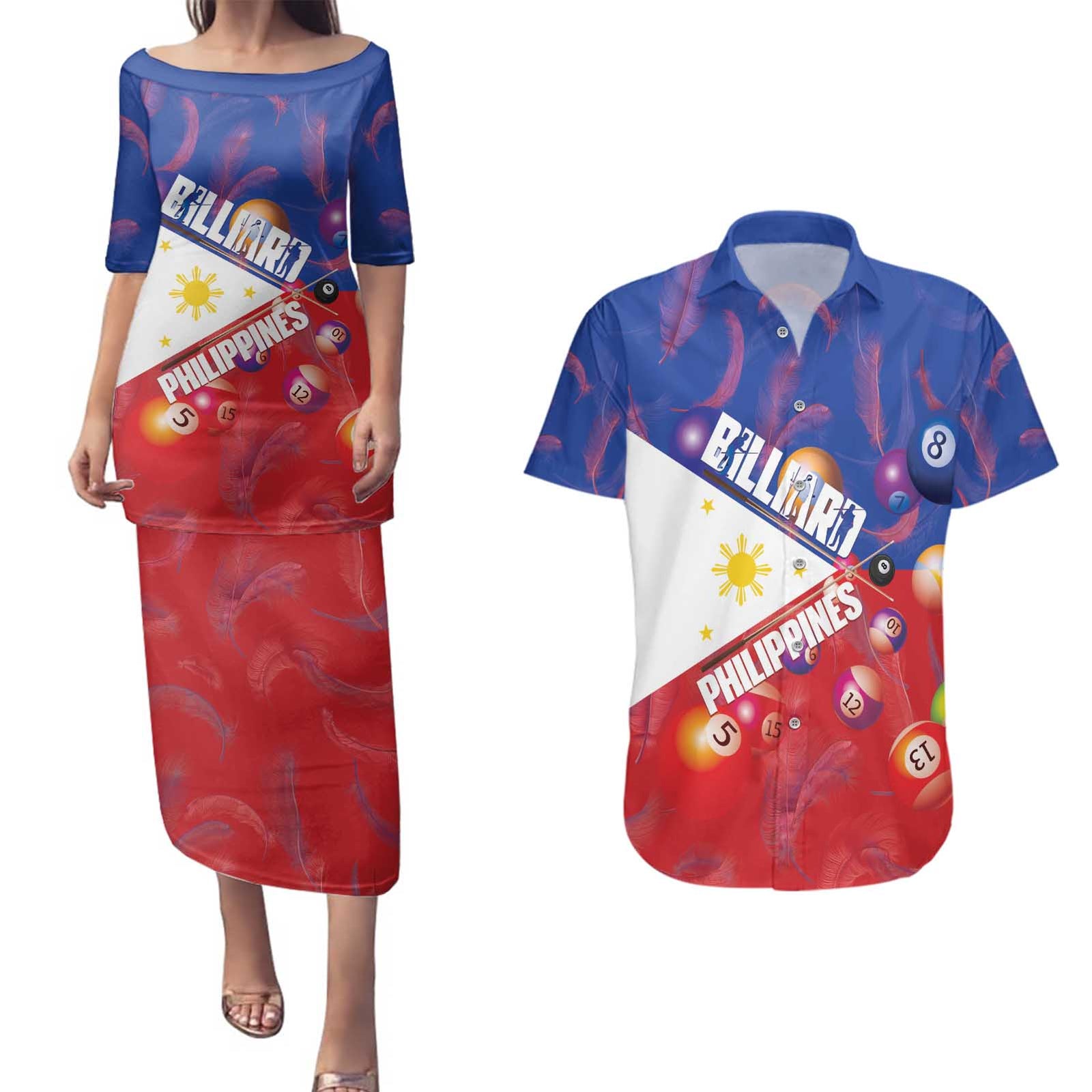 Personalised Philippines Billiards Couples Matching Puletasi and Hawaiian Shirt Cue With Balls Flag Style LT14 Red - Polynesian Pride
