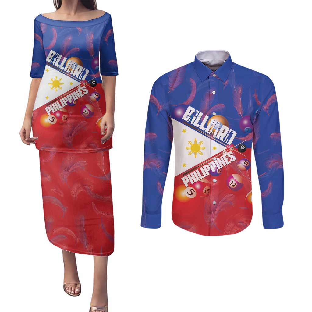 Personalised Philippines Billiards Couples Matching Puletasi and Long Sleeve Button Shirt Cue With Balls Flag Style LT14 Red - Polynesian Pride