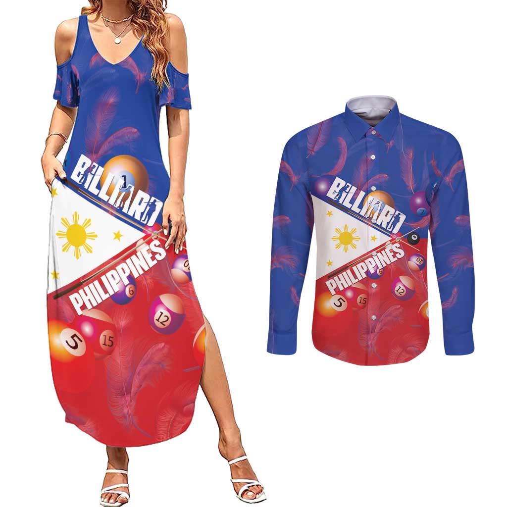 Personalised Philippines Billiards Couples Matching Summer Maxi Dress and Long Sleeve Button Shirt Cue With Balls Flag Style LT14 Red - Polynesian Pride