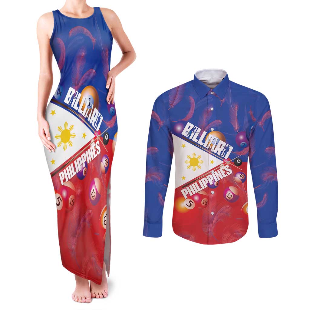 Personalised Philippines Billiards Couples Matching Tank Maxi Dress and Long Sleeve Button Shirt Cue With Balls Flag Style LT14 Red - Polynesian Pride