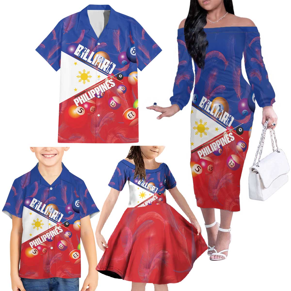 Personalised Philippines Billiards Family Matching Off The Shoulder Long Sleeve Dress and Hawaiian Shirt Cue With Balls Flag Style - Polynesian Pride