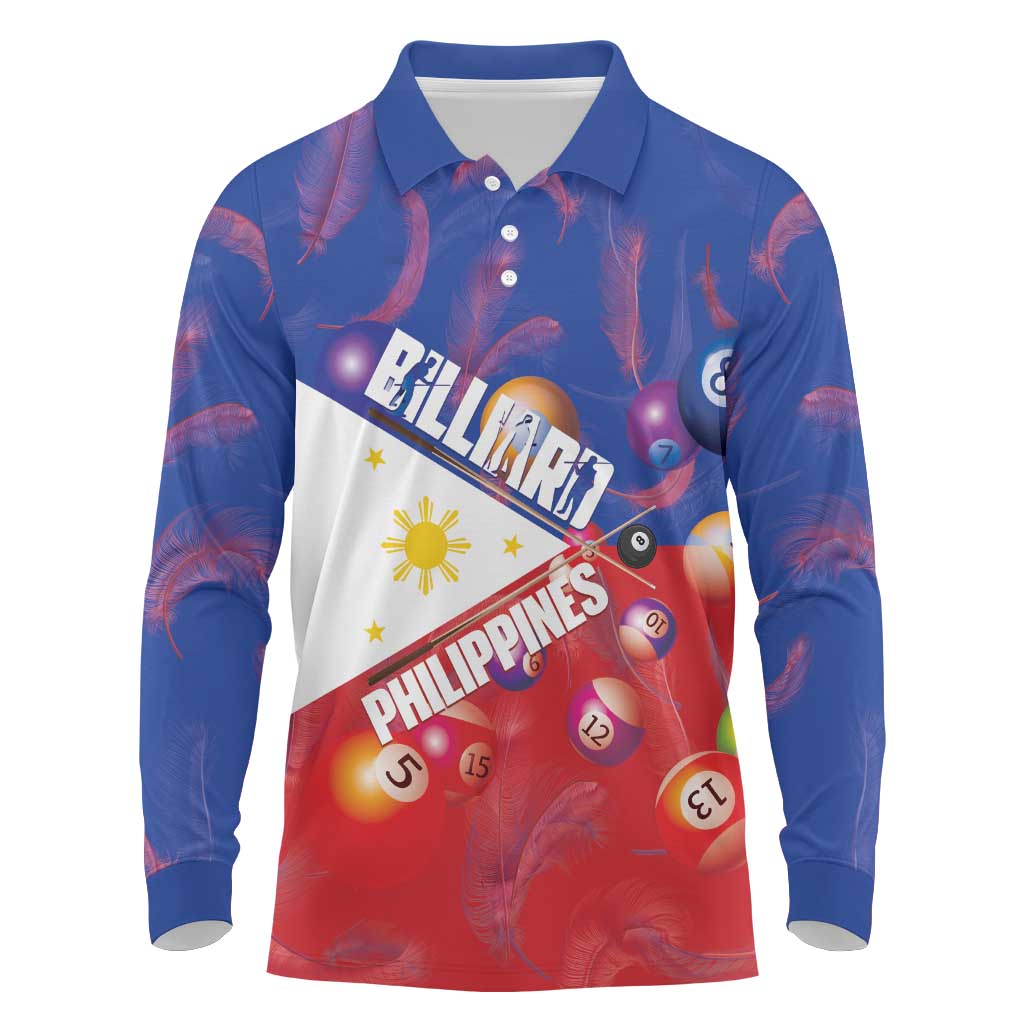 Personalised Philippines Billiards Long Sleeve Polo Shirt Cue With Balls Flag Style LT14 Red - Polynesian Pride