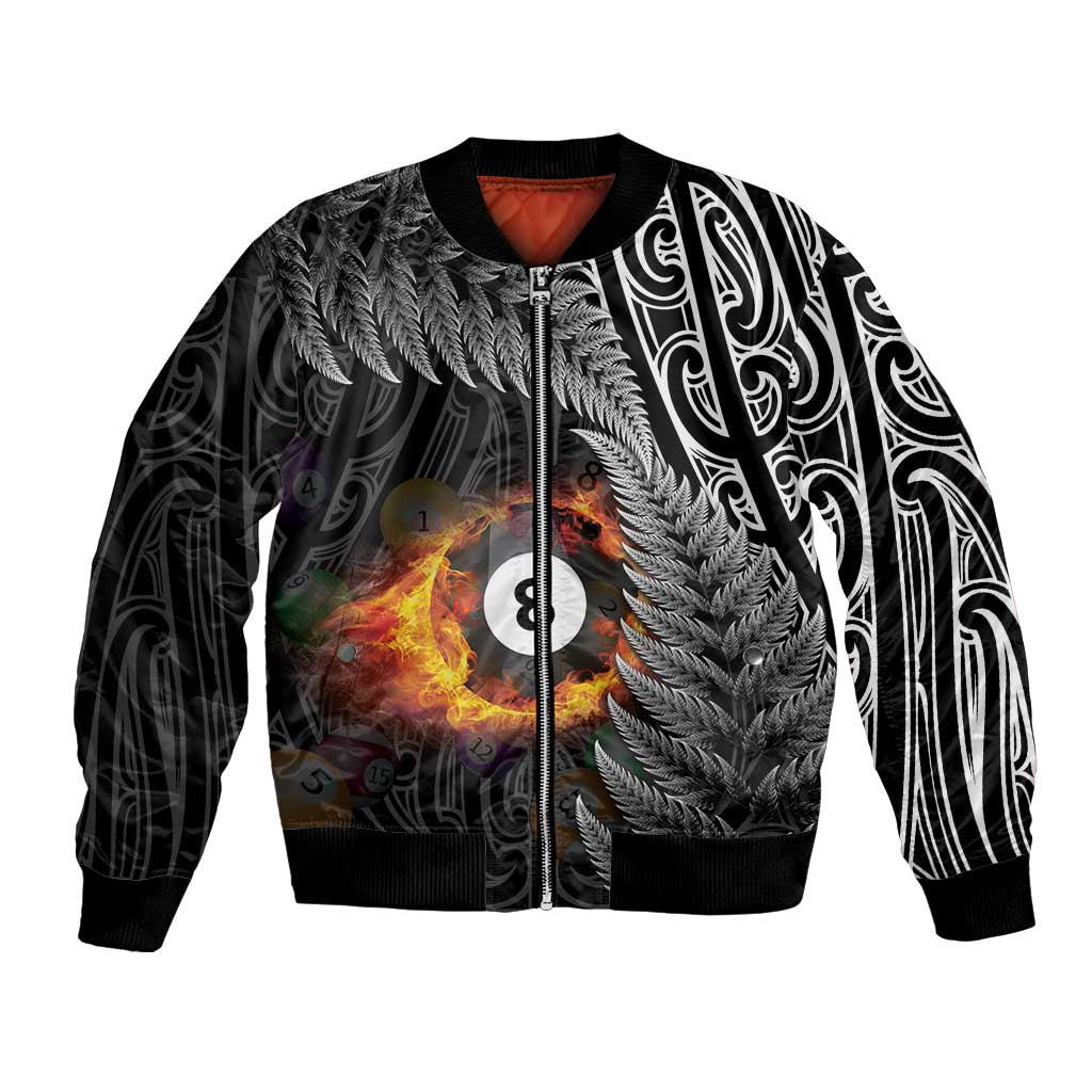 Personalised New Zealand Billiards Bomber Jacket Maori Fern On Fire 8 Ball - Polynesian Pride