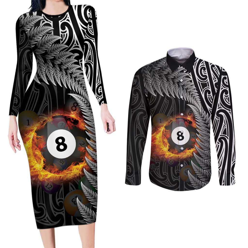 Personalised New Zealand Billiards Couples Matching Long Sleeve Bodycon Dress and Long Sleeve Button Shirt Maori Fern On Fire 8 Ball - Polynesian Pride