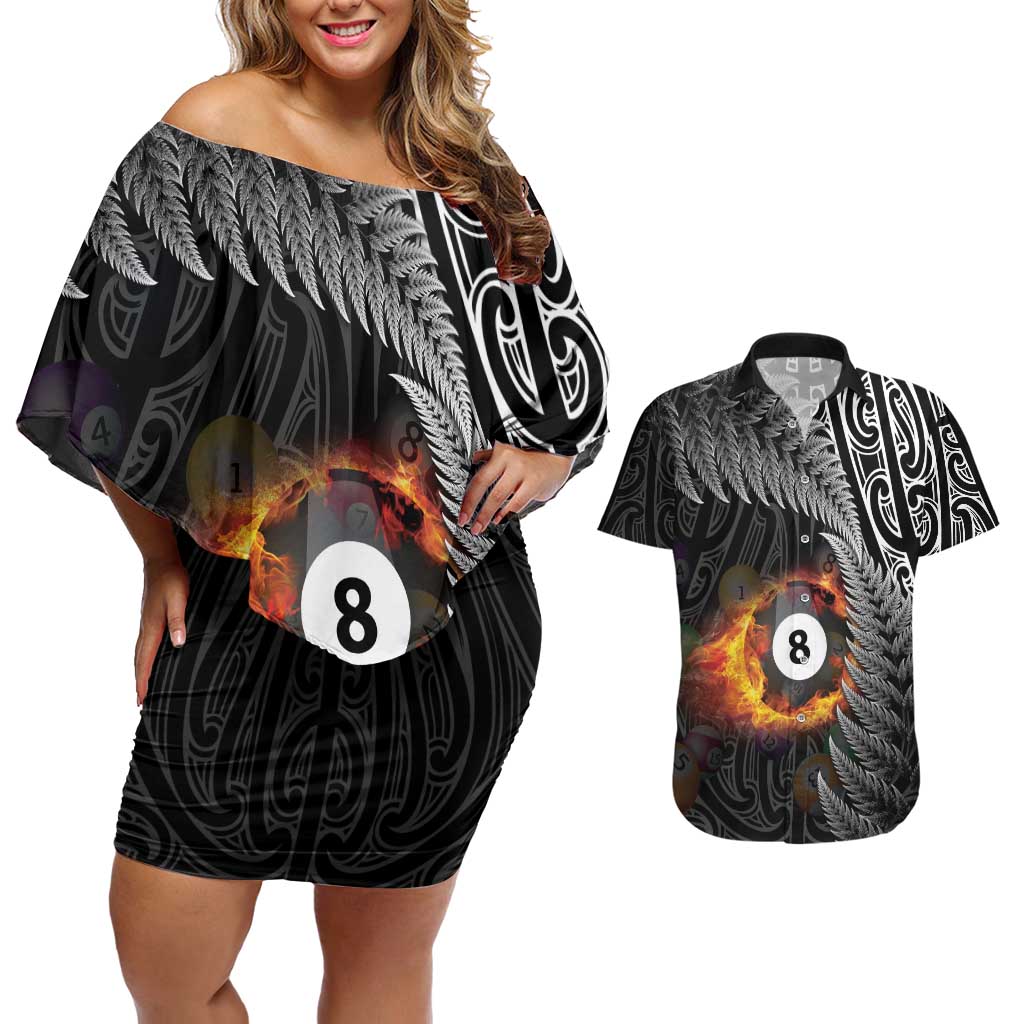 Personalised New Zealand Billiards Couples Matching Off Shoulder Short Dress and Hawaiian Shirt Maori Fern On Fire 8 Ball - Polynesian Pride