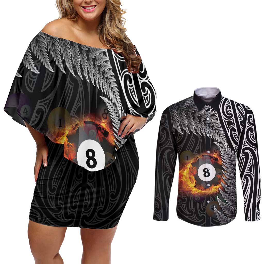 Personalised New Zealand Billiards Couples Matching Off Shoulder Short Dress and Long Sleeve Button Shirt Maori Fern On Fire 8 Ball - Polynesian Pride