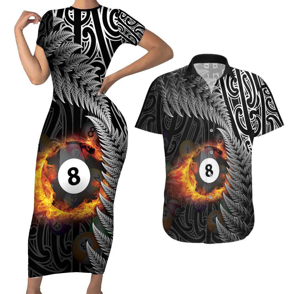Personalised New Zealand Billiards Couples Matching Short Sleeve Bodycon Dress and Hawaiian Shirt Maori Fern On Fire 8 Ball - Polynesian Pride