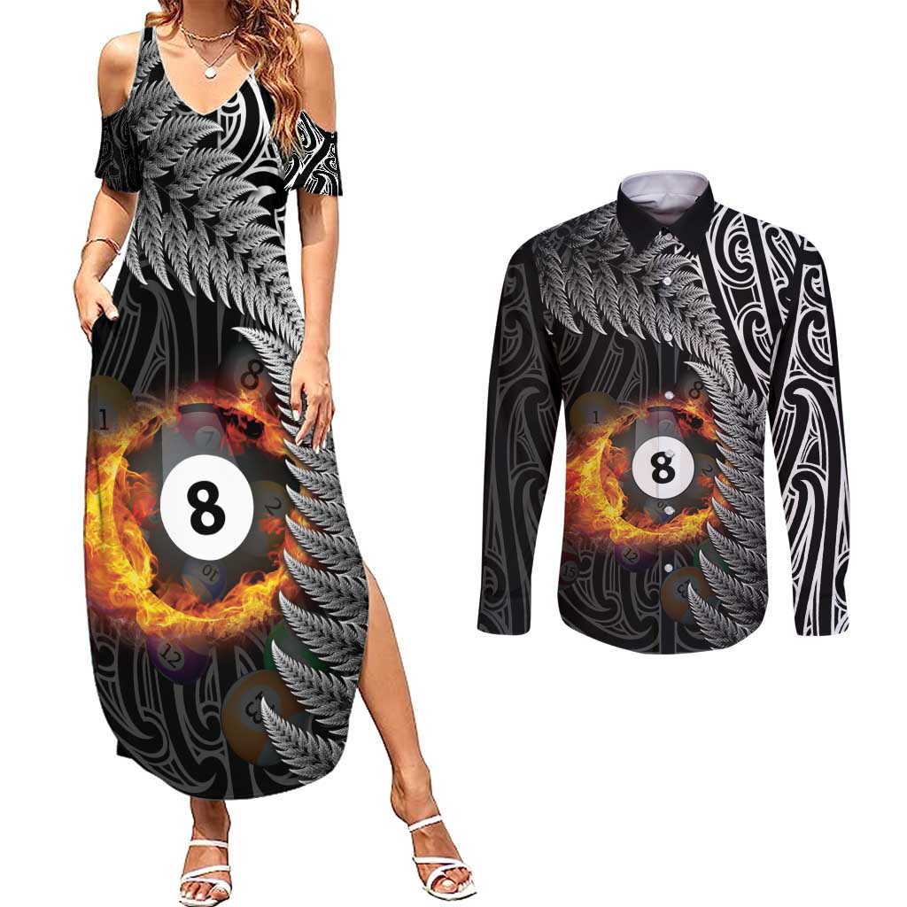Personalised New Zealand Billiards Couples Matching Summer Maxi Dress and Long Sleeve Button Shirt Maori Fern On Fire 8 Ball - Polynesian Pride