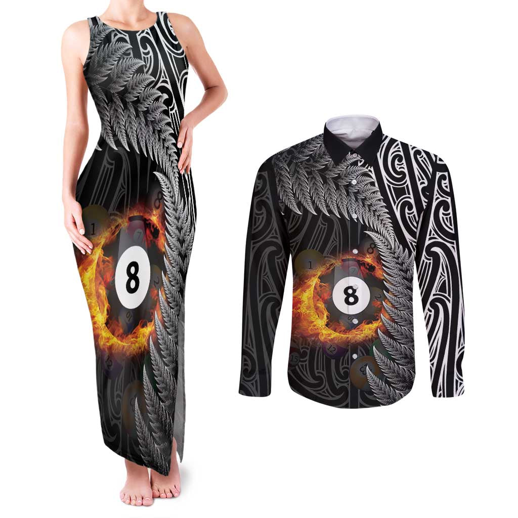 Personalised New Zealand Billiards Couples Matching Tank Maxi Dress and Long Sleeve Button Shirt Maori Fern On Fire 8 Ball - Polynesian Pride