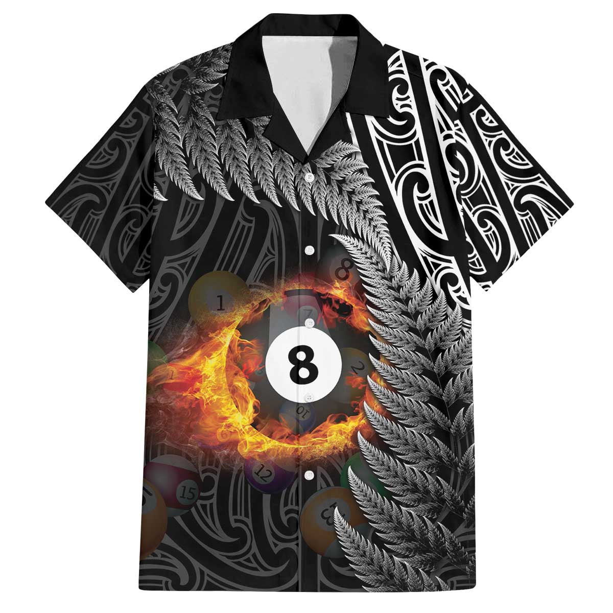 Personalised New Zealand Billiards Family Matching Off The Shoulder Long Sleeve Dress and Hawaiian Shirt Maori Fern On Fire 8 Ball LT14 Dad's Shirt - Short Sleeve Black - Polynesian Pride