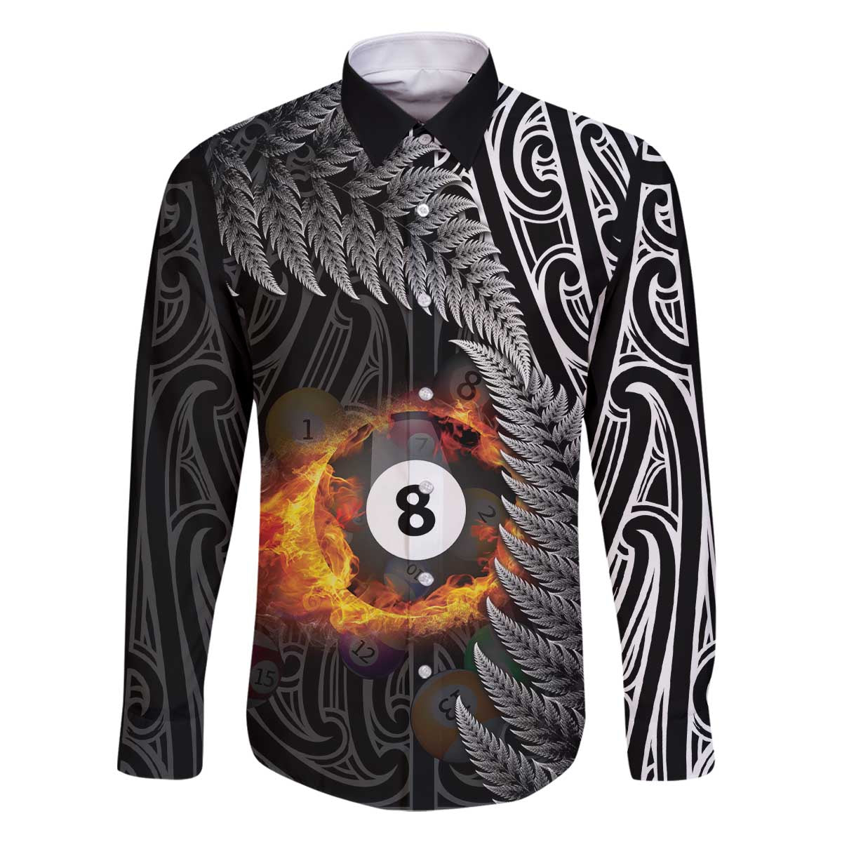 Personalised New Zealand Billiards Family Matching Off The Shoulder Long Sleeve Dress and Hawaiian Shirt Maori Fern On Fire 8 Ball LT14 Dad's Shirt - Long Sleeve Black - Polynesian Pride