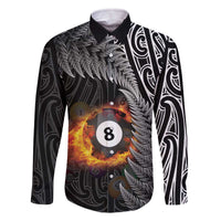 Personalised New Zealand Billiards Family Matching Off The Shoulder Long Sleeve Dress and Hawaiian Shirt Maori Fern On Fire 8 Ball LT14 Dad's Shirt - Long Sleeve Black - Polynesian Pride