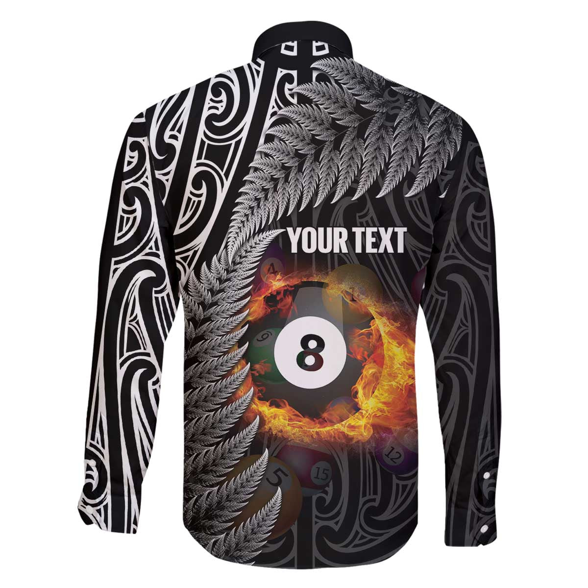 Personalised New Zealand Billiards Family Matching Off The Shoulder Long Sleeve Dress and Hawaiian Shirt Maori Fern On Fire 8 Ball LT14 - Polynesian Pride