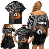 Personalised New Zealand Billiards Family Matching Off Shoulder Short Dress and Hawaiian Shirt Maori Fern On Fire 8 Ball - Polynesian Pride