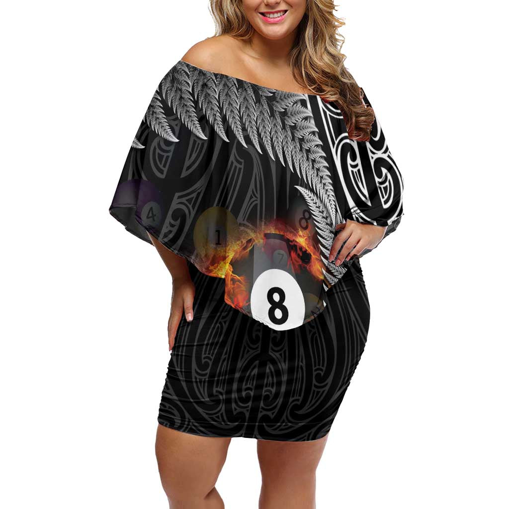Personalised New Zealand Billiards Family Matching Off Shoulder Short Dress and Hawaiian Shirt Maori Fern On Fire 8 Ball - Polynesian Pride