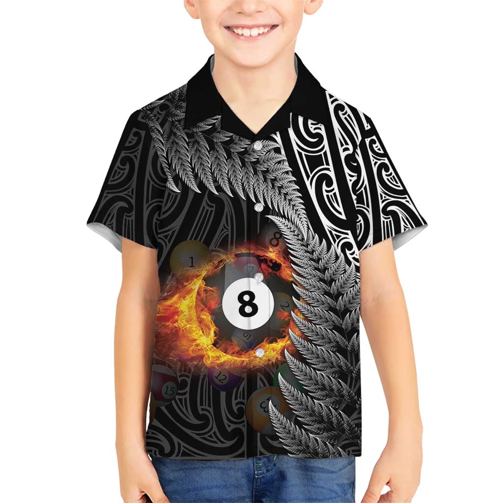 Personalised New Zealand Billiards Family Matching Off Shoulder Short Dress and Hawaiian Shirt Maori Fern On Fire 8 Ball - Polynesian Pride