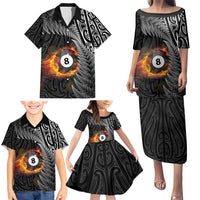 Personalised New Zealand Billiards Family Matching Puletasi and Hawaiian Shirt Maori Fern On Fire 8 Ball - Polynesian Pride