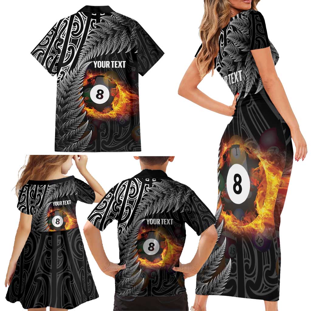 Personalised New Zealand Billiards Family Matching Short Sleeve Bodycon Dress and Hawaiian Shirt Maori Fern On Fire 8 Ball - Polynesian Pride