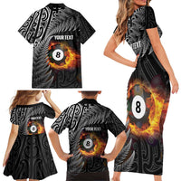 Personalised New Zealand Billiards Family Matching Short Sleeve Bodycon Dress and Hawaiian Shirt Maori Fern On Fire 8 Ball - Polynesian Pride