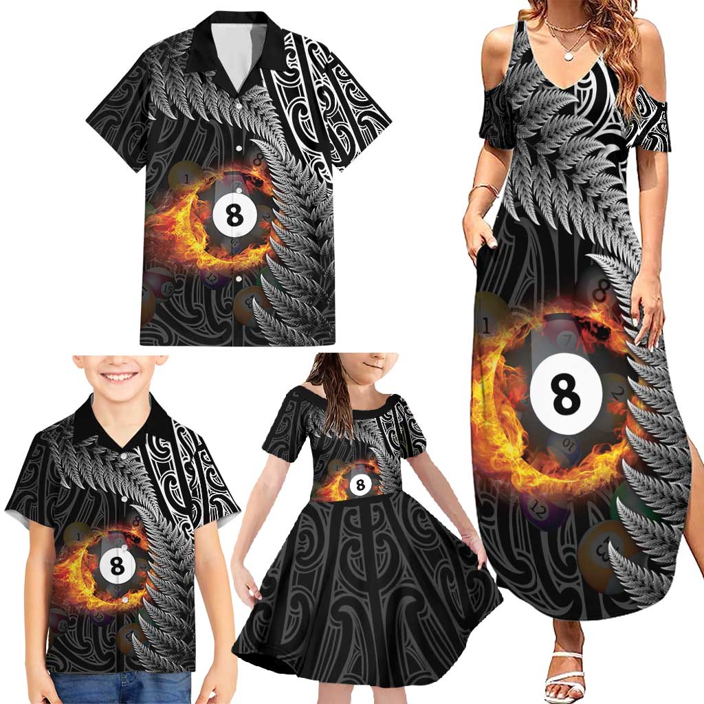 Personalised New Zealand Billiards Family Matching Summer Maxi Dress and Hawaiian Shirt Maori Fern On Fire 8 Ball - Polynesian Pride