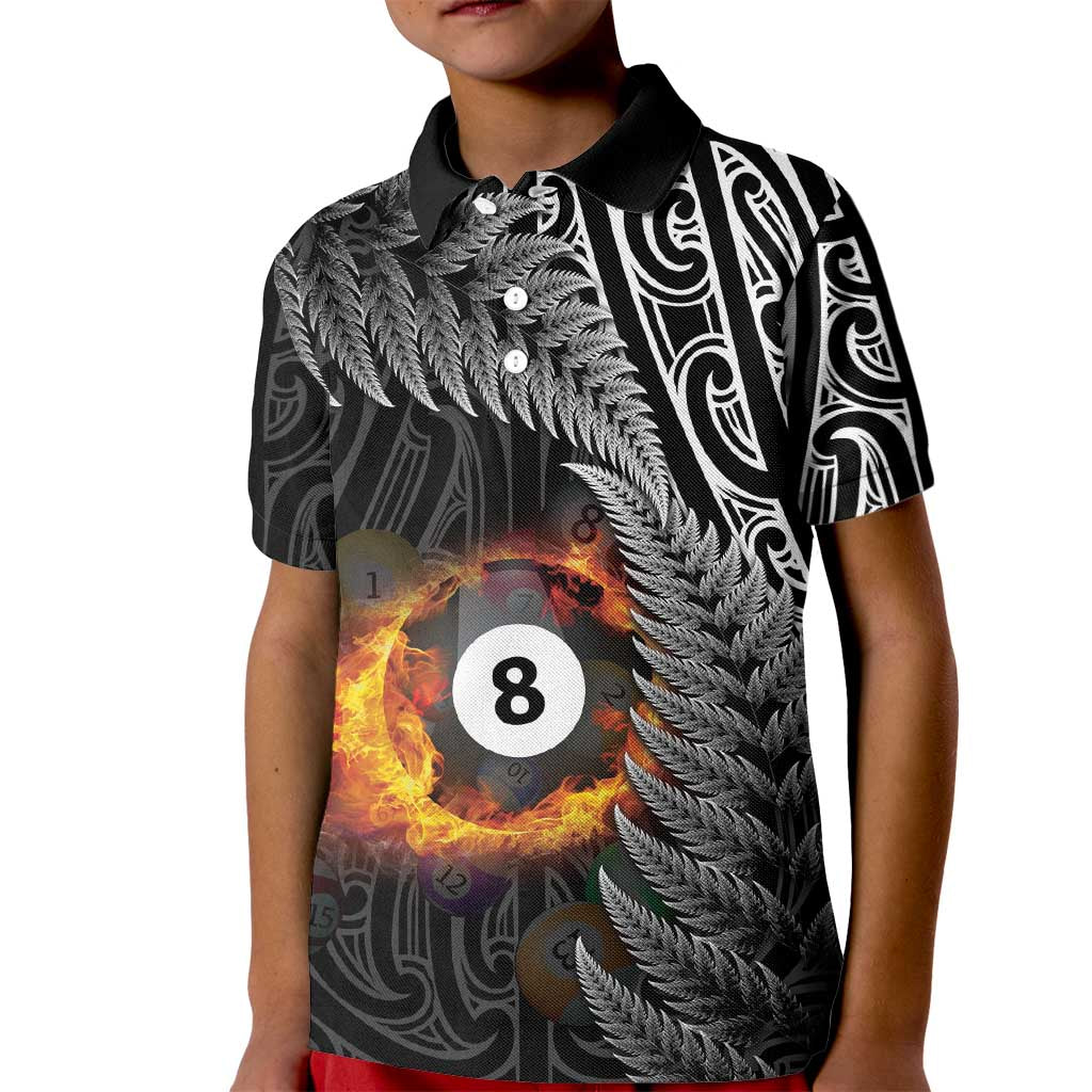 Personalised New Zealand Billiards Kid Polo Shirt Maori Fern On Fire 8 Ball - Polynesian Pride
