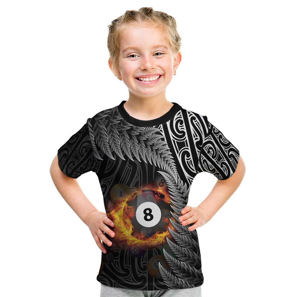Personalised New Zealand Billiards Kid T Shirt Maori Fern On Fire 8 Ball - Polynesian Pride
