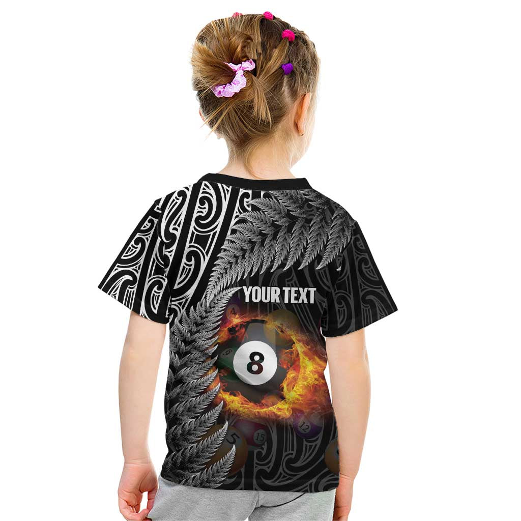 Personalised New Zealand Billiards Kid T Shirt Maori Fern On Fire 8 Ball - Polynesian Pride
