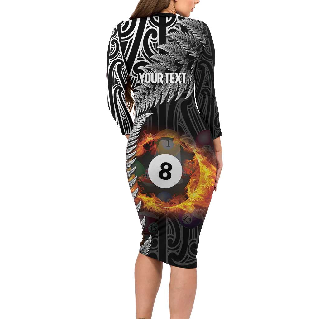 Personalised New Zealand Billiards Long Sleeve Bodycon Dress Maori Fern On Fire 8 Ball - Polynesian Pride