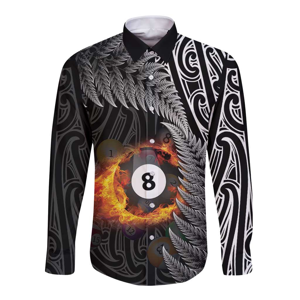 Personalised New Zealand Billiards Long Sleeve Button Shirt Maori Fern On Fire 8 Ball - Polynesian Pride