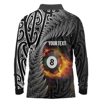 Personalised New Zealand Billiards Long Sleeve Polo Shirt Maori Fern On Fire 8 Ball - Polynesian Pride