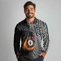 Personalised New Zealand Billiards Long Sleeve Polo Shirt Maori Fern On Fire 8 Ball - Polynesian Pride