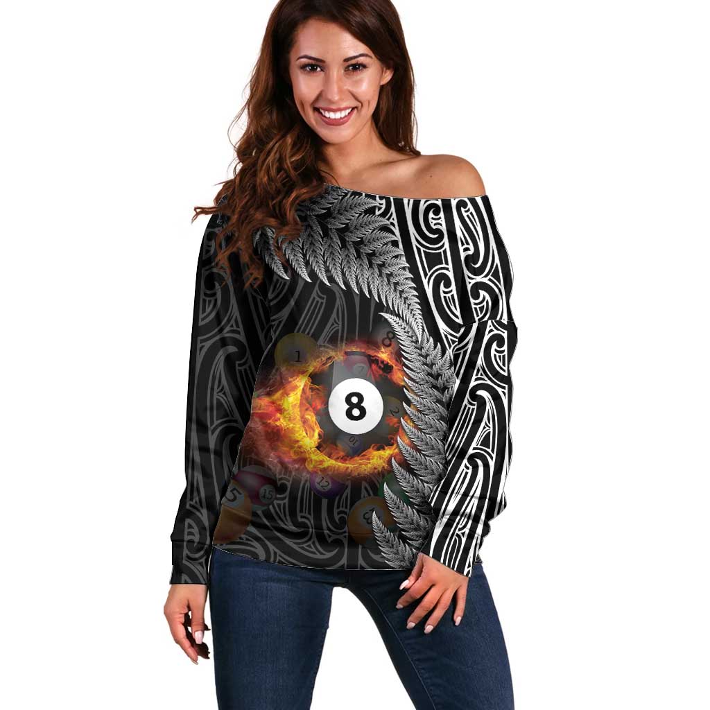 Personalised New Zealand Billiards Off Shoulder Sweater Maori Fern On Fire 8 Ball - Polynesian Pride