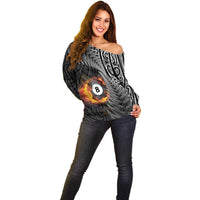 Personalised New Zealand Billiards Off Shoulder Sweater Maori Fern On Fire 8 Ball - Polynesian Pride