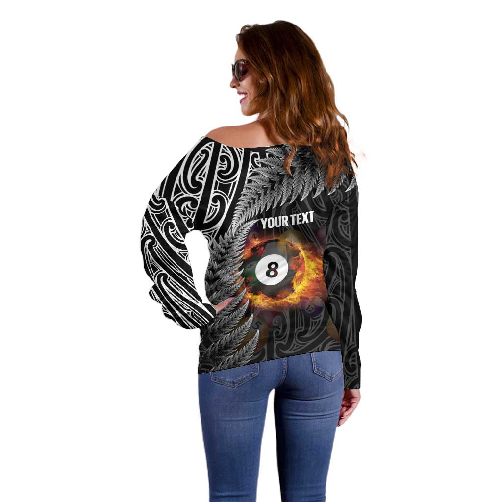 Personalised New Zealand Billiards Off Shoulder Sweater Maori Fern On Fire 8 Ball - Polynesian Pride
