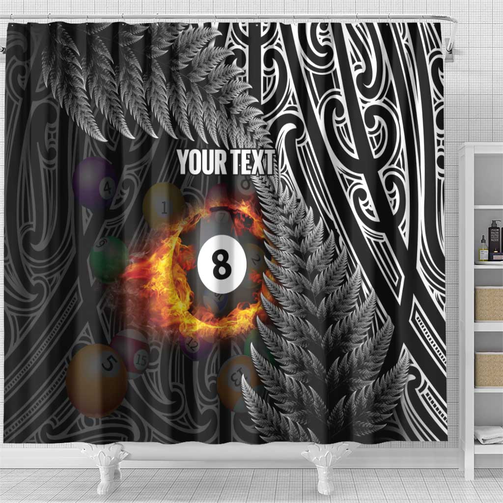 Personalised New Zealand Billiards Shower Curtain Maori Fern On Fire 8 Ball - Polynesian Pride