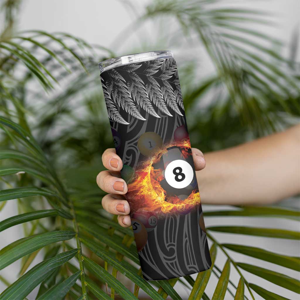 Personalised New Zealand Billiards Skinny Tumbler Maori Fern On Fire 8 Ball - Polynesian Pride