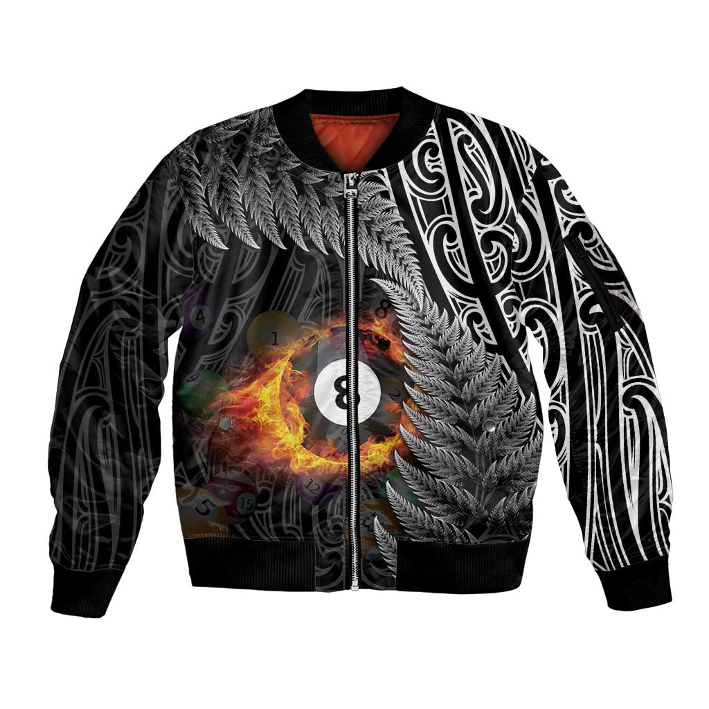Personalised New Zealand Billiards Sleeve Zip Bomber Jacket Maori Fern On Fire 8 Ball - Polynesian Pride
