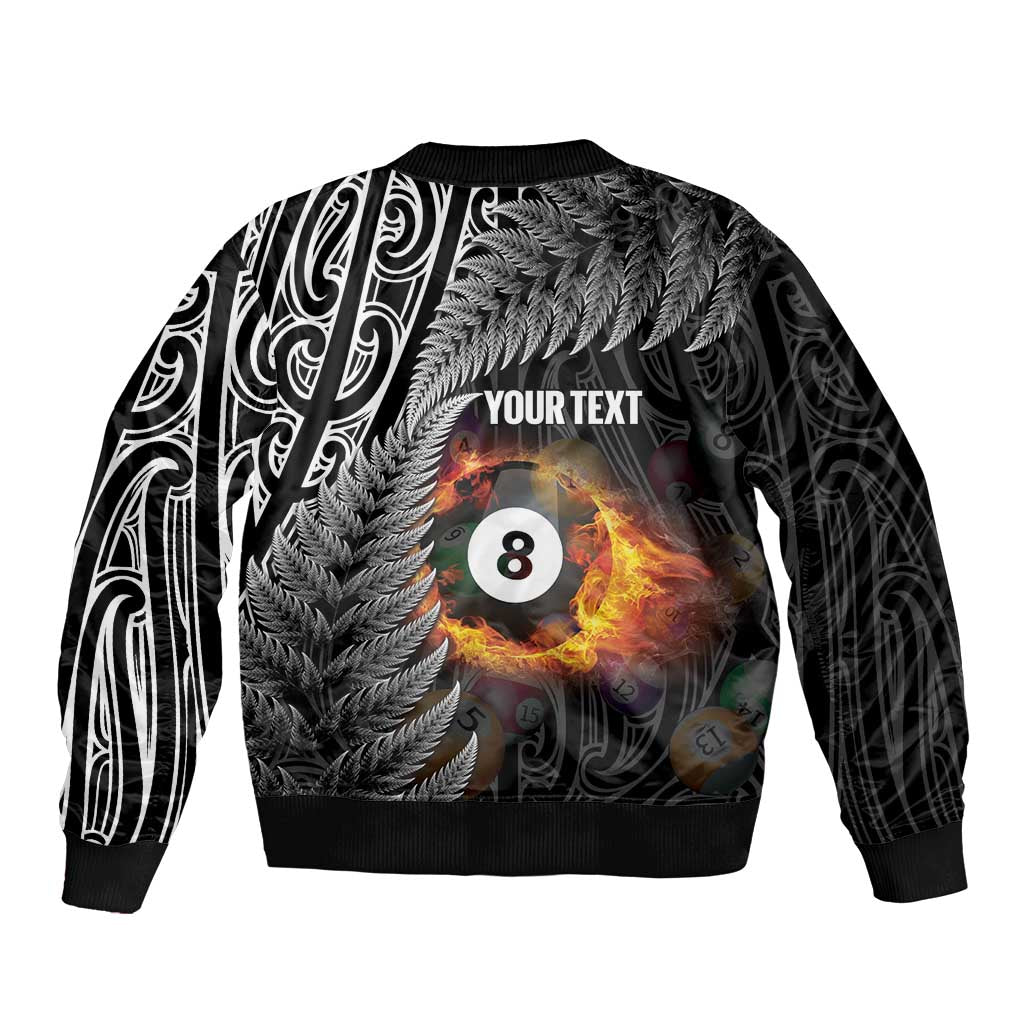 Personalised New Zealand Billiards Sleeve Zip Bomber Jacket Maori Fern On Fire 8 Ball - Polynesian Pride