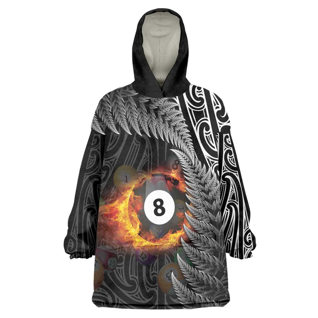 Personalised New Zealand Billiards Wearable Blanket Hoodie Maori Fern On Fire 8 Ball - Polynesian Pride
