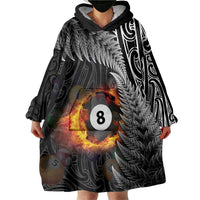 Personalised New Zealand Billiards Wearable Blanket Hoodie Maori Fern On Fire 8 Ball - Polynesian Pride
